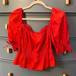 Bright Red Puff Sleeve Crop Top with Cinched Waist and Sleeve Details